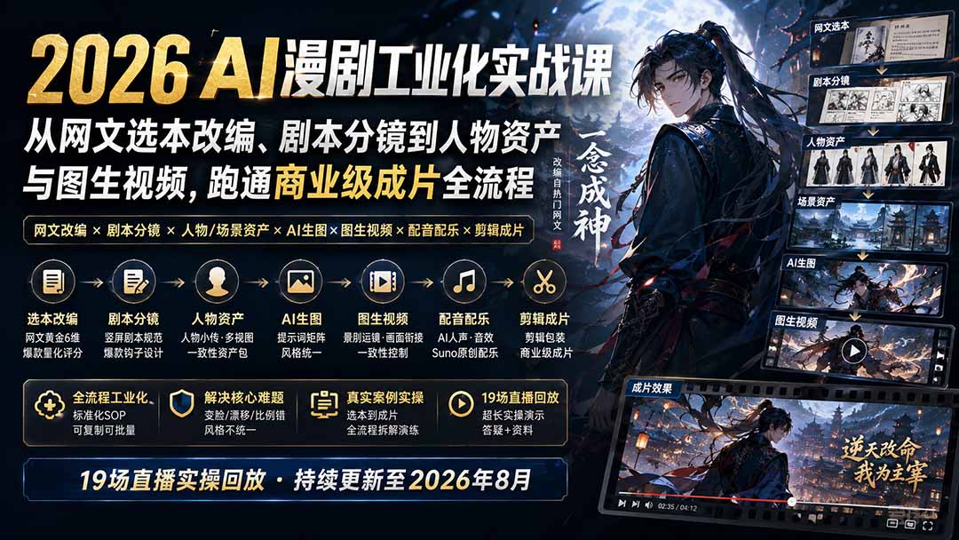 79970c153ba80d1d2a8d03557e5966c0.jpeg 2026 AI漫剧工业化实战课-更新:从网文选本改编、剧本分镜到人物资产与图生视频,跑通商业级成片全流程