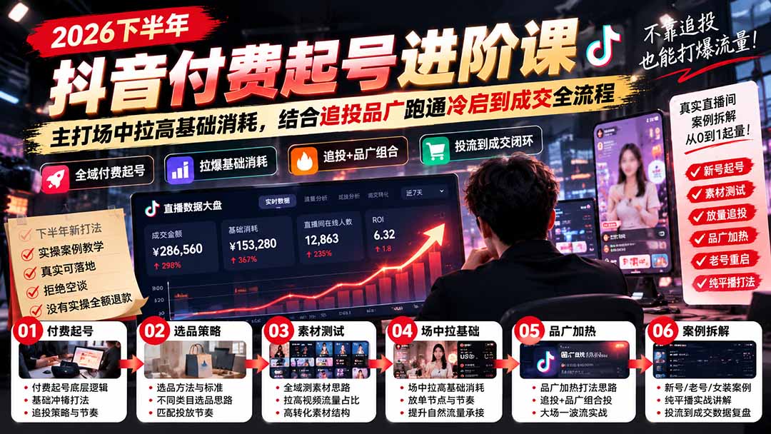 2026下半年抖音付费起号进阶课：主打场中拉高基础消耗，结合追投品广跑通冷启到成交全流程-鼎铸网