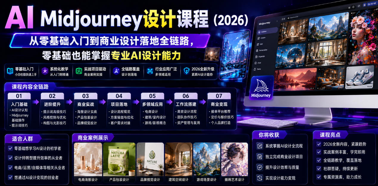 7a378eebb7bc2b92df6ff66068971dde.jpeg AI Midjourney设计课程(2026),从零基础入门到商业设计落地全链路,零基础也能掌握专业AI设计能力(更新0913)