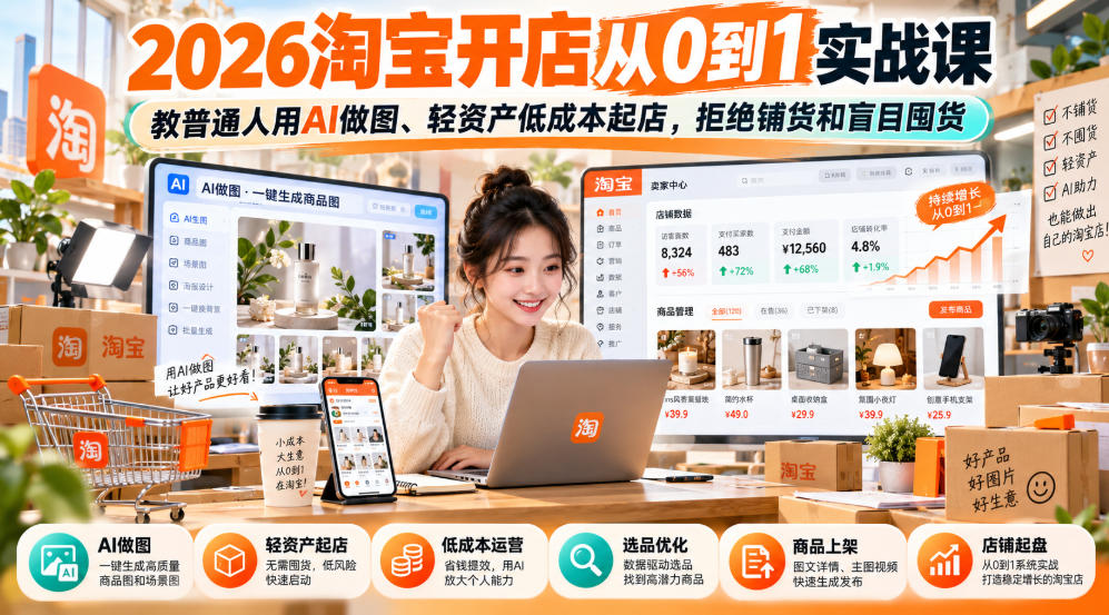 7a56f347203044f91722d9ebfefbb048.jpeg 2026淘宝开店从0到1实战课,教普通人用AI做图、轻资产低成本起店,拒绝铺货和盲目囤货
