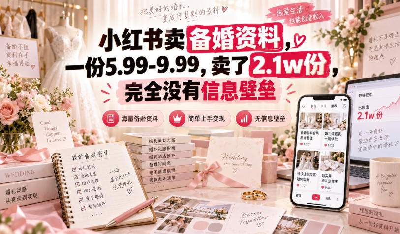 7a5bdd51929bd2ab5e5b7b4e9ba248fc.jpeg 小红书卖备婚资料,一份5.99-9.99,卖了2.1w份,完全没有信息壁垒