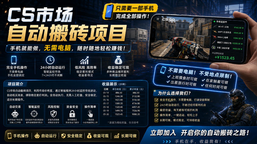 手机即可操作的CS市场自动搬砖系统|自动监控|自动下单|日入300+【揭秘】-鼎铸网