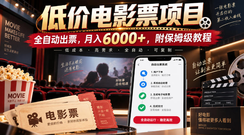 低价电影票项目,全自动出票,月入6000+,附保姆级教程【揭秘】-鼎铸网