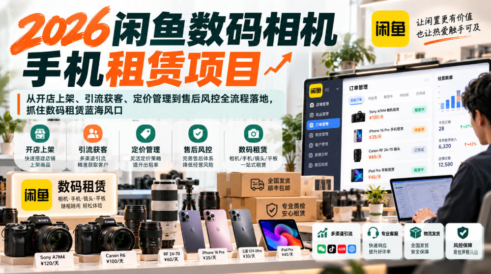 2026闲鱼数码相机手机租赁项目，从开店上架、引流获客、定价管理到售后风控全流程落地，抓住数码租赁蓝海风口-鼎铸网