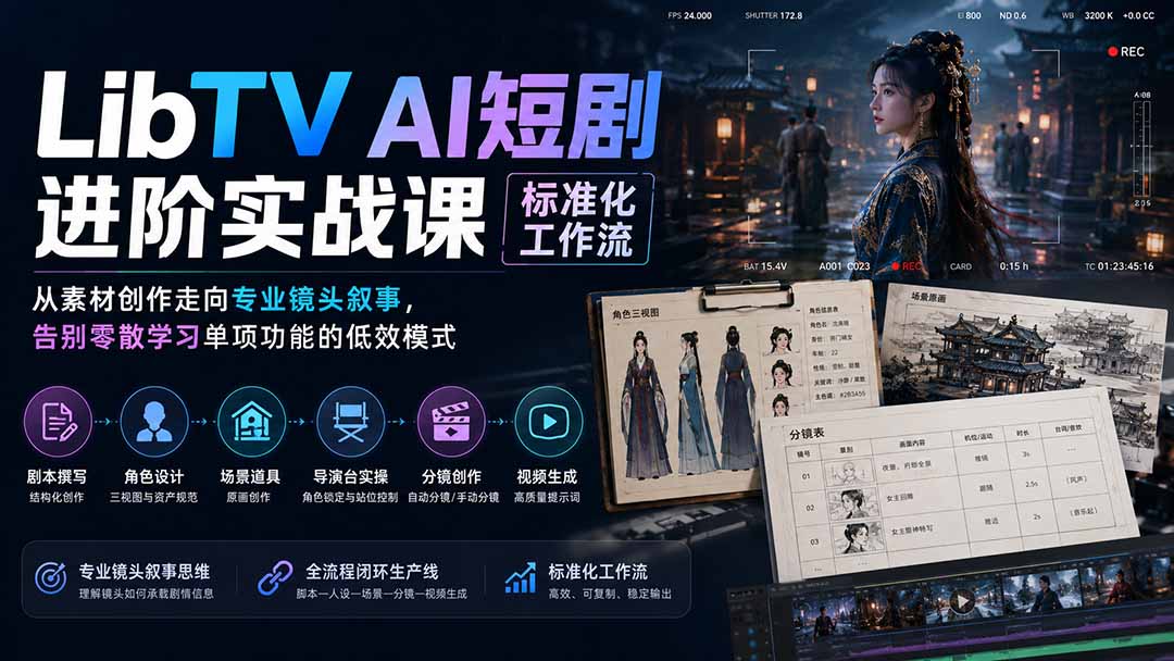 LibTV AI短剧进阶实操课标准化工作流；从素材创作走向专业镜头叙事，告别零散学习单项功能的低效模式-鼎铸网