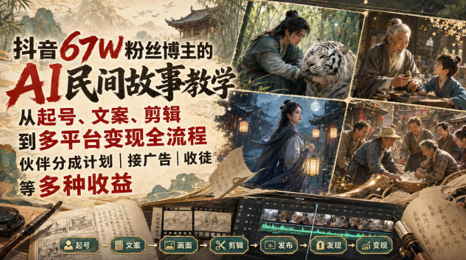 抖音67W粉丝博主的AI民间故事教学，从起号、文案、剪辑到多平台变现全流程，伙伴分成计划接广告等多种收益，月入1W+-鼎铸网