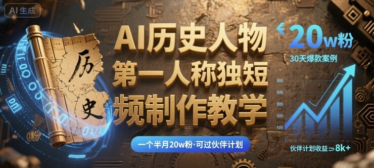 7e3a3e852fd9fd75fa8e839c7b753c12.jpeg 最新AI历史人物第一人称独白短视频制作教学,一个半月20w粉,可过伙伴计划