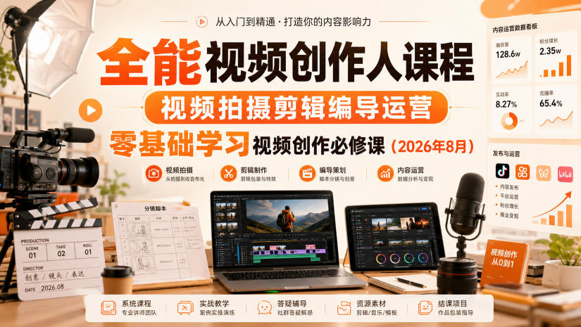 7e7320704523d1594b6bf2077a8e7a03.jpeg 全能视频创作人课程,视频拍摄剪辑编导运营,零基础学习视频创作必修课(2026年8月)