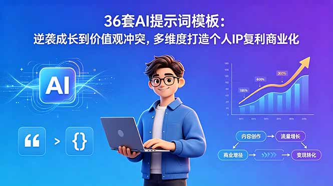 36套AI提示词模板:逆袭成长到价值观冲突,多维度打造个人IP复利商业化-鼎铸网