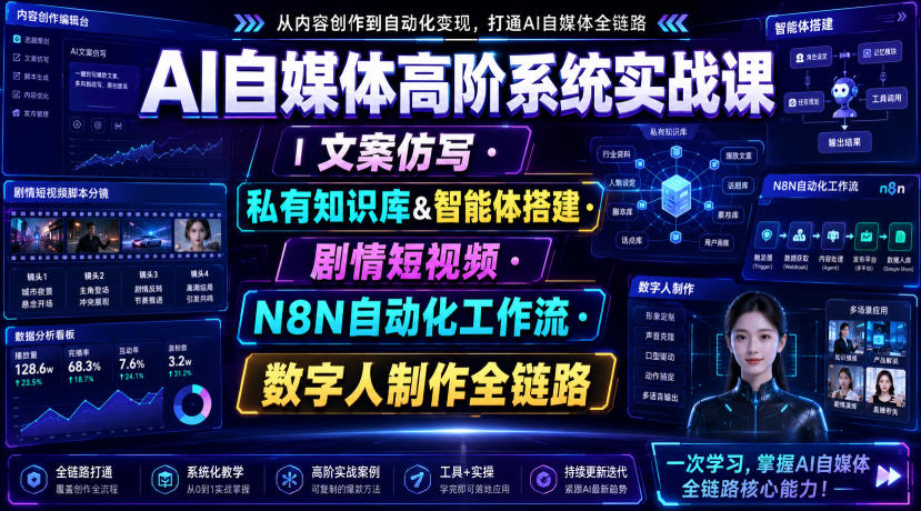 7ecd0232d8f5e6801b2748dddbb010f4.jpeg AI自媒体高阶系统实战课|文案仿写・私有知识库&智能体搭建・剧情短视频・N8N自动化工作流・数字人制作全链路