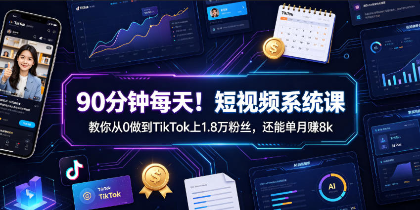 90分钟每天！短视频系统课教你从0做到TikTok上1.8万粉丝，还能单月賺8k【原创双语字幕】-鼎铸网