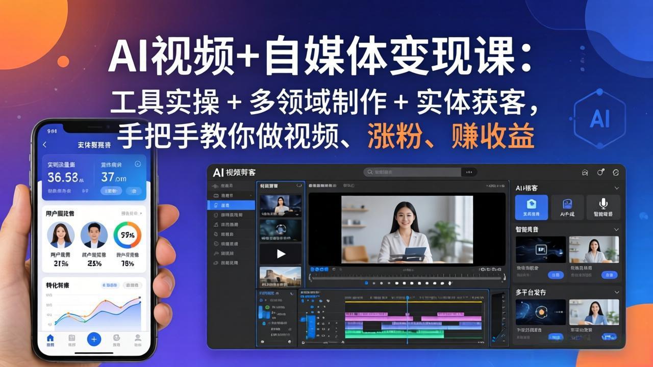 7f8bbf4e082be723cf7ad75ff79f8160.jpeg AI视频+自媒体变现课:工具实操 + 多领域制作 + 实体获客,手把手教你做视频、涨粉、赚收益