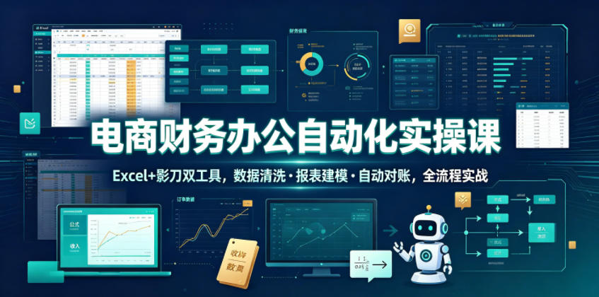 电商财务办公自动化实操课，Excel+影刀双工具，数据清洗・报表建模・自动对账，全流程实战-鼎铸网