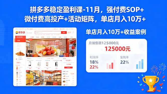 拼多多稳定盈利课-11月，强付费SOP+微付费高投产+活动矩阵，单店月入10万+-鼎铸网