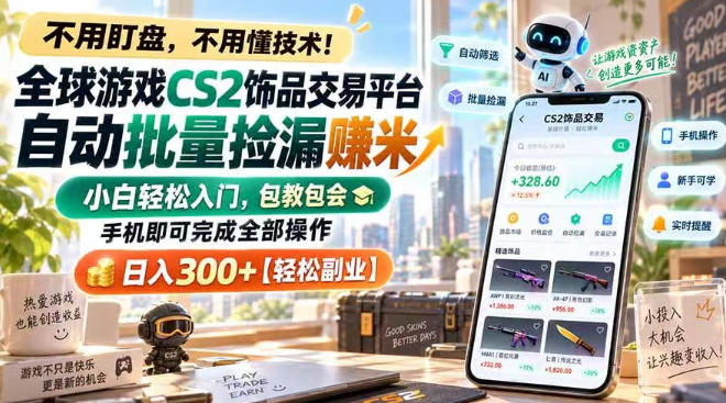 全球游戏CS2饰品交易平台自动批量捡漏賺米,小白轻松入门,包教包会,手机即可完成全部操作,日入300+【揭秘】-鼎铸网