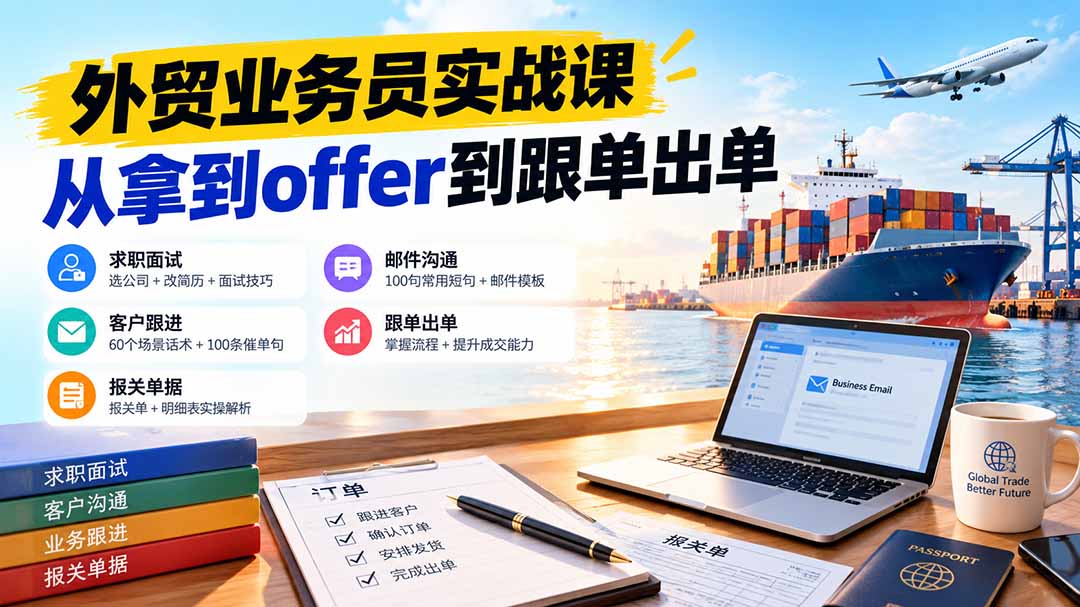 80354447af9097caea013ff9751932e2.jpeg 外贸业务员从求职到出单实战课:教你筛选优质公司、优化简历、应对面试、客户跟进催单及出口报关操作篇