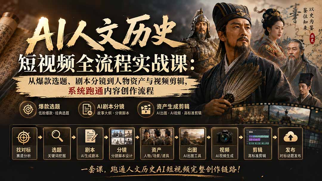 AI人文历史短视频全流程实战课：从爆款选题、剧本分镜到人物资产与视频剪辑，系统跑通内容创作流程-鼎铸网