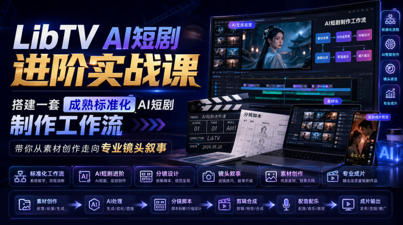 LibTV AI短剧进阶实战课,搭建一套成熟标准化AI短剧制作工作流,带你从素材创作走向专业镜头叙事-鼎铸网