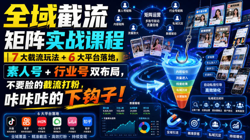 全域截流矩阵实战课程|7大截流玩法+6大平台落地,素人号+行业号双布局,不要脸的截流打粉,咔咔咔的下钩子!-鼎铸网