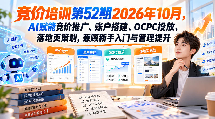 80a8eeca26effa73465f4d85287d7fe6.jpeg 【无水印】竞价培训第52期2026年10月,AI赋能竞价推广、账户搭建、OCPC投放、落地页策划,兼顾新手入门与管理提升