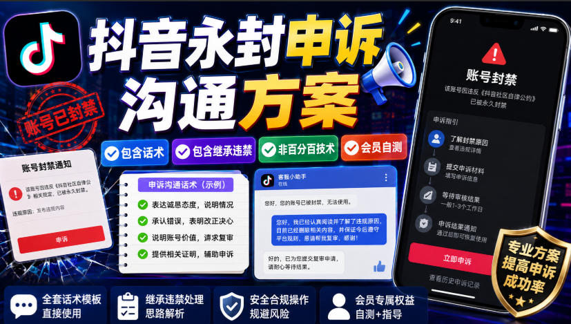 抖音永封申诉沟通方案，包含话术，包含继承违禁，非百分百技术，会员自测-鼎铸网
