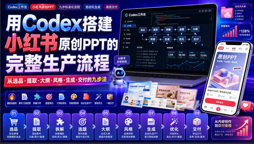8158fb0c5858f645a4737e40a6fac097.jpeg 用Codex搭建小红书原创PPT的完整生产流程,从选品·提取·大纲·风格·生成·交付的九步法