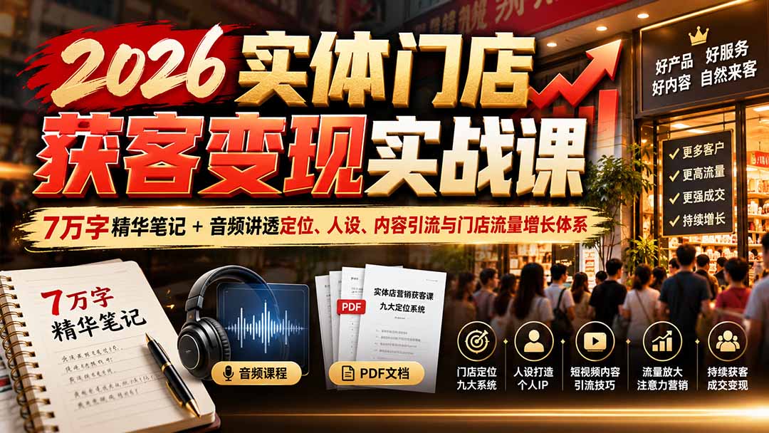 2026实体门店获客变现实战课:7万字精华笔记+音频讲透定位、人设、内容引流与门店流量增长体系-鼎铸网