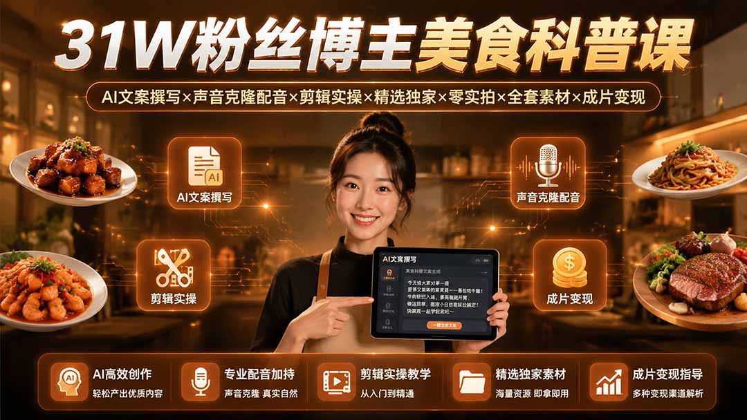 828c06b782194b13b05052daa9ce4835.jpeg 31W粉丝博主美食科普课:AI文案撰写×声音克隆配音×剪辑实操×精选独家×零实拍×全套素材×成片变现