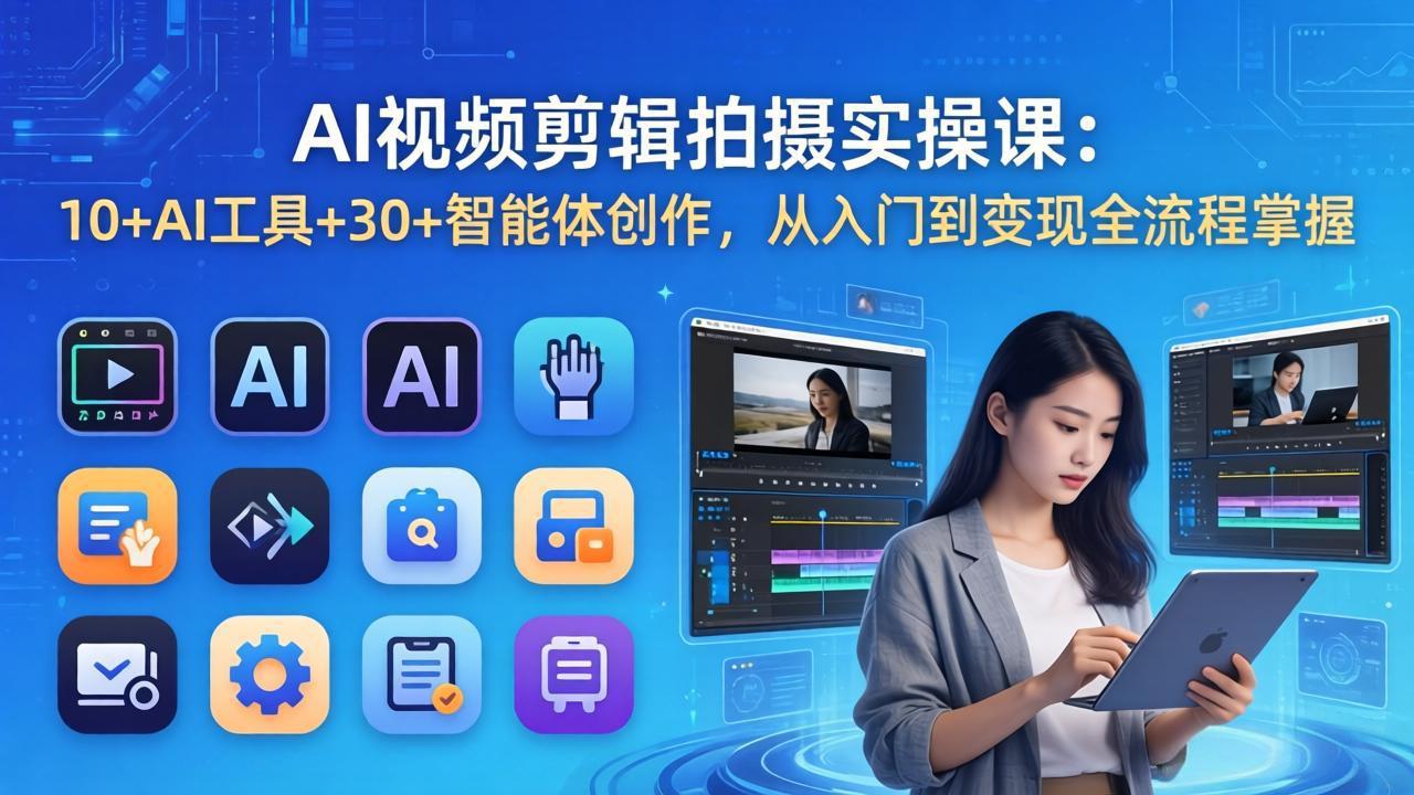 82f8f7fae083749083bb7acc81926d6c.jpeg AI 视频剪辑拍摄实操课:10+AI工具+30+智能体创作,从入门到变现全流程掌握