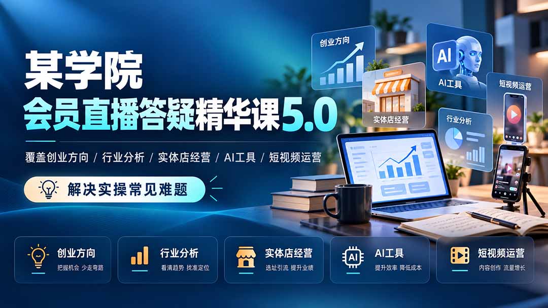 某学院会员直播答疑精华课5.0：覆盖创业方向、行业分析、实体店经营、AI工具和短视频运营，解决实操常见难题！-鼎铸网