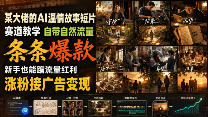 某大佬的AI温情故事短片赛道教学，自带自然流量，条条爆款，新手也能蹭流量红利，涨粉接广告变现-鼎铸网