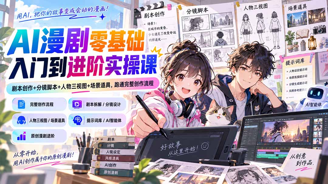 834bf97dc8471ad87cf0afab4f8ec994.jpeg AI漫剧零基础入门到进阶实操课:剧本创作+分镜脚本+人物三视图+场景道具,跑通完整创作流程