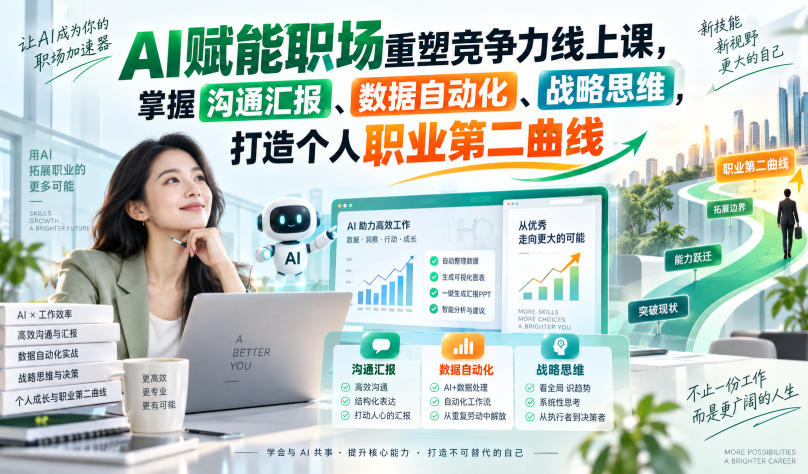 83f1bf244ee0aaafc7056e33ff6e9153.jpeg AI赋能职场重塑竞争力线上课,掌握沟通汇报、数据自动化、战略思维,打造个人职业第二曲线