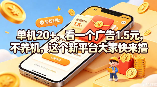 单机20+，看一个广告1.5米，不养机，这个新平台大家快来撸【揭秘】-鼎铸网