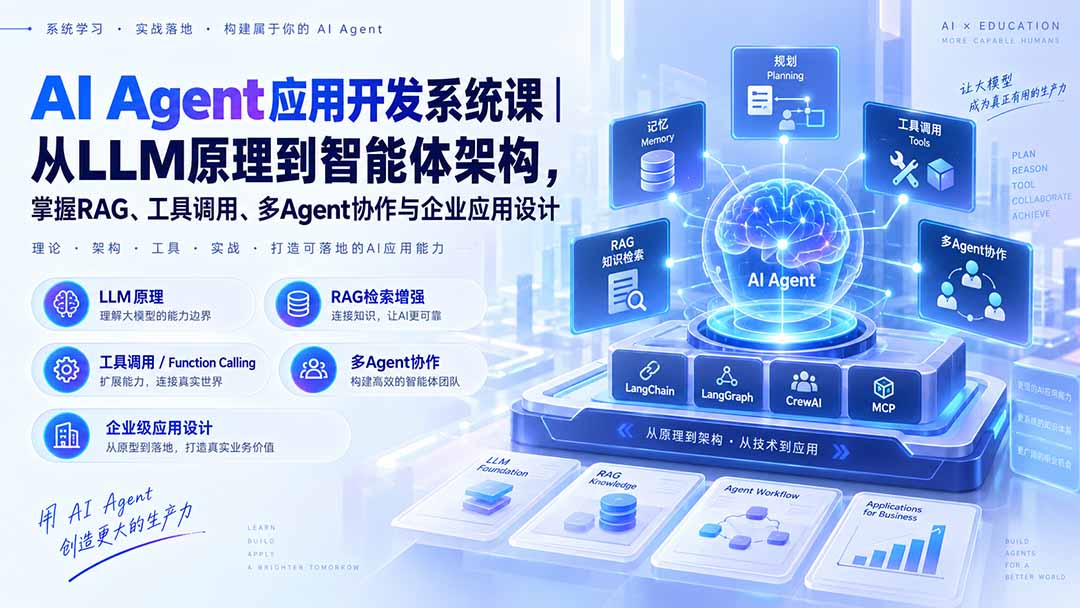 84285c3affc83ddd530a954710c06dfe.jpeg AI Agent应用开发系统课-179节|从LLM原理到智能体架构,掌握RAG、工具调用、多Agent协作与企业应用设计