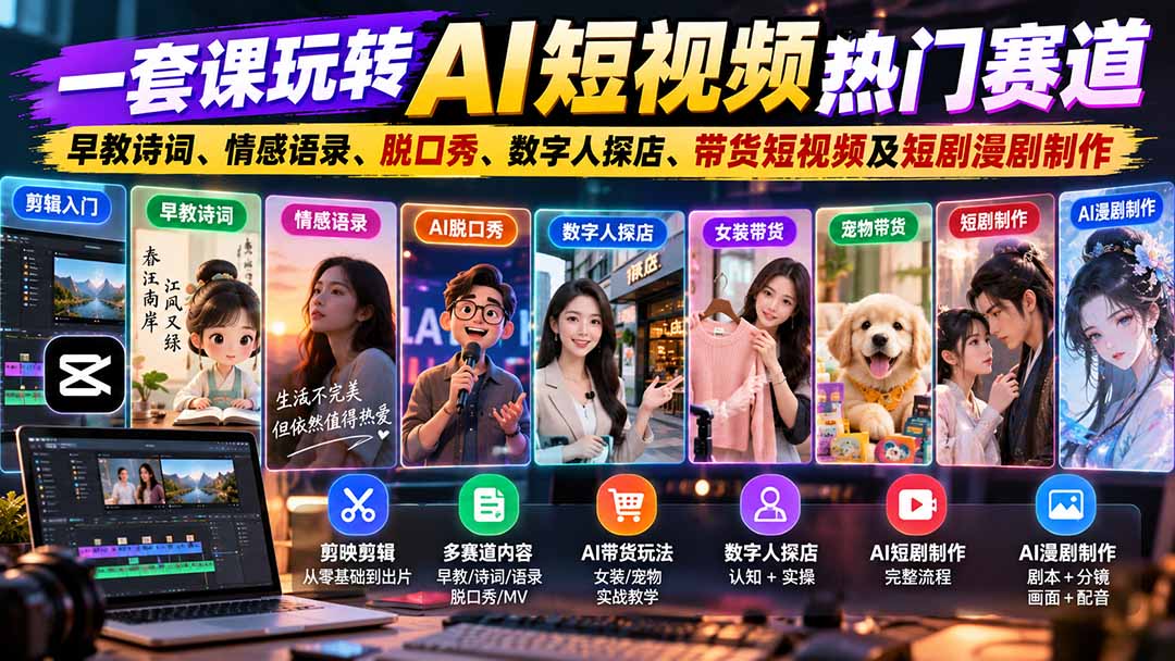 一套课玩转AI短视频热门赛道：早教诗词、情感语录、脱口秀、数字人探店、带货短视频及短剧漫剧制作  复制标题-鼎铸网