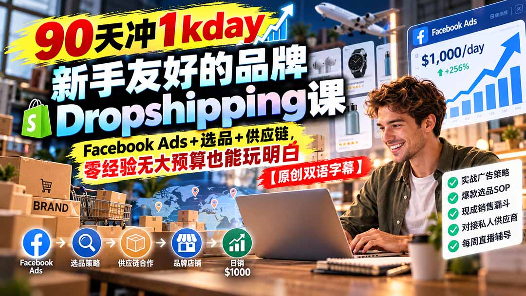 84da5c8a82e5aa2ab937a5c4ec538747.jpeg 90天冲1kday 新手友好的品牌Dropshipping课:Facebook Ads+选品+供应链,零经验无大预算也能玩明白【原创双语字幕】