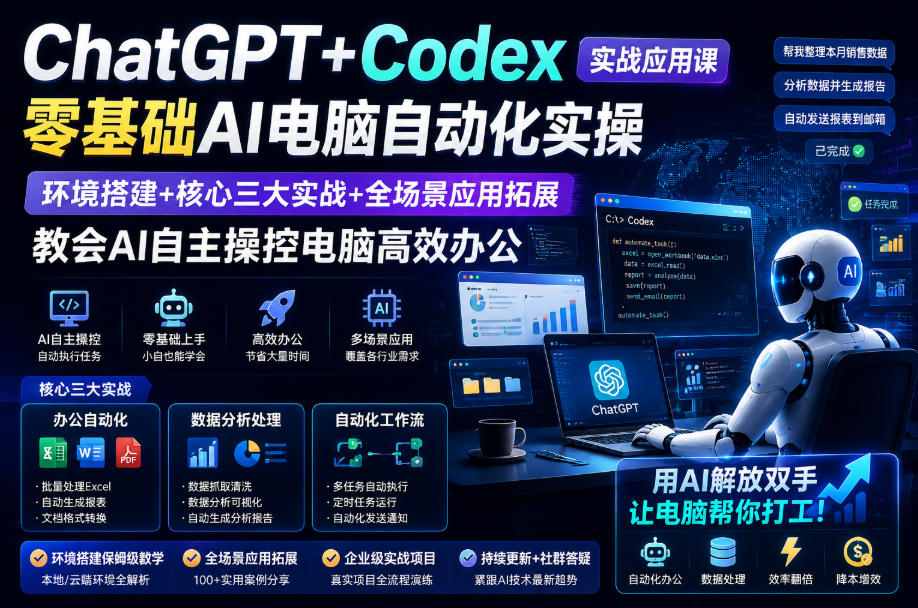 ChatGPT+Codex实战应用课｜零基础AI电脑自动化实操，环境搭建+核心三大实战+全场景应用拓展，教会AI自主操控电脑高效办公-鼎铸网