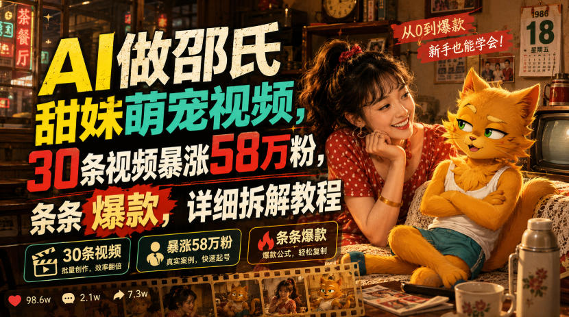 85299da478c76ddf9f6a23f3c839e1a6.jpeg AI做邵氏甜妹萌宠视频,30条视频暴涨58万粉,条条爆款,详细拆解教程