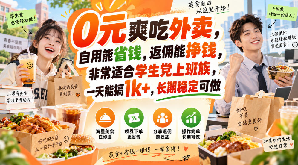 0元爽吃外卖，自用能省钱，返佣能挣钱，非常适合学生党上班族，一天能搞1k+，长期稳定可做-鼎铸网