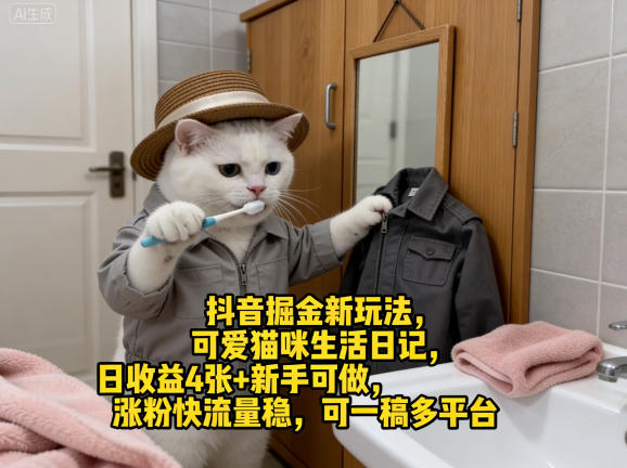 抖音掘金新玩法,可爱猫咪生活日记,日收益4张+新手可做,涨粉快流量稳,可一稿多平台-鼎铸网