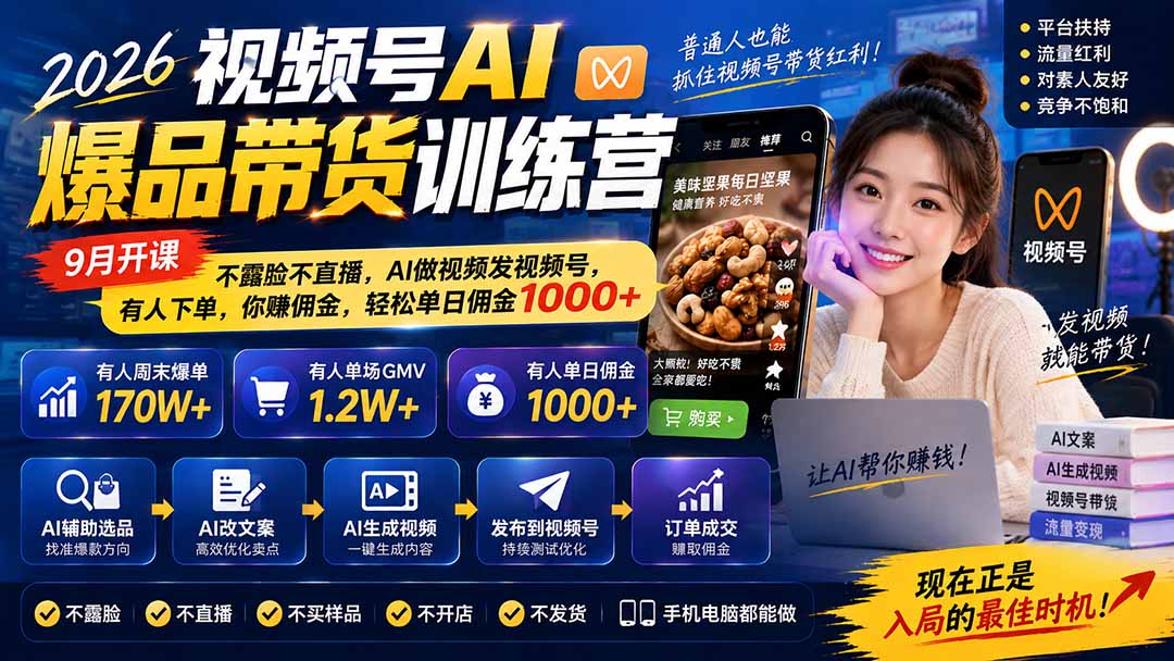 2026视频号AI爆品带货训练营-9月开课｜不露脸不直播，AI做视频发视频号，有人下单，你赚佣金，轻松单日佣金1000+-鼎铸网