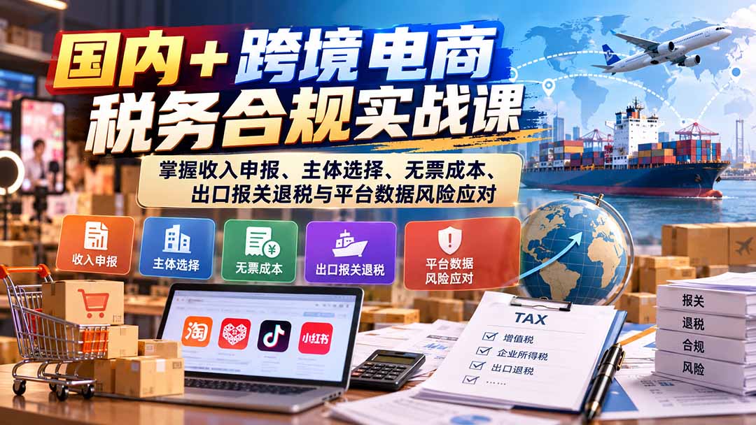 87f655143ef315db80b55d5b65f83a46.jpeg 国内+跨境电商税务合规实战课:掌握收入申报、主体选择、无票成本、出口报关退税与平台数据风险应对