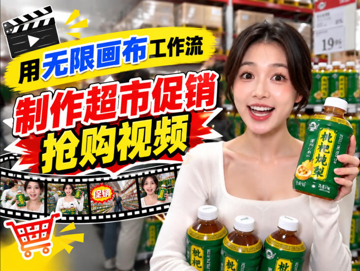 无限画布超市促销抢购视频工作流，一键产出TikTok抖音带货短视频-鼎铸网