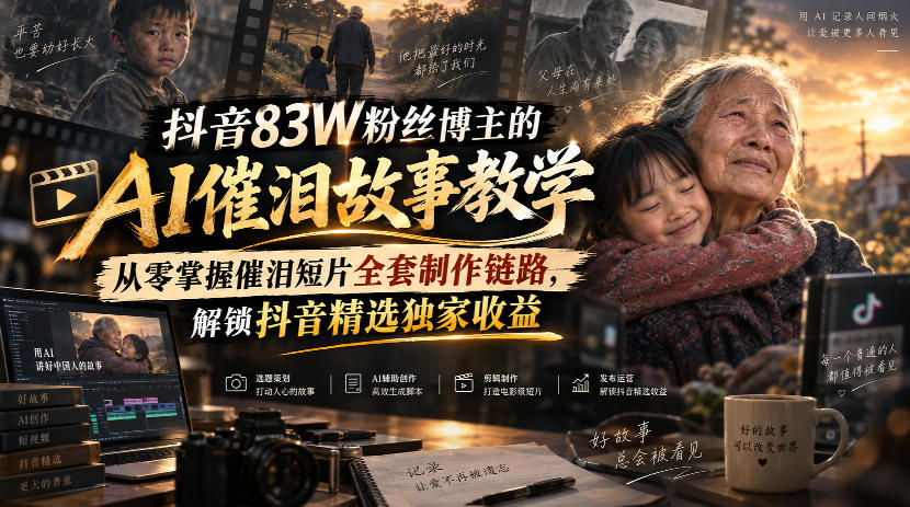 抖音83W粉丝博主的AI催泪故事教学，从零掌握催泪短片全套制作链路，解锁抖音精选独家收益-鼎铸网