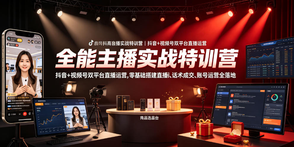 883dfcb068c13fb977bb5a5be8d54c90.jpeg 全能主播实战特训营|抖音+视频号双平台直播运营,零基础搭建直播间、精准选品、话术成交、账号运营全落地