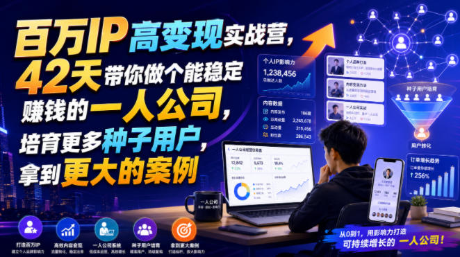 885de278ade866286f5b67b7364aaa80.jpeg 百万IP高变现实战营,42天带你做个能稳定賺钱的一人公司,培育更多种子用户,拿到更大的案例