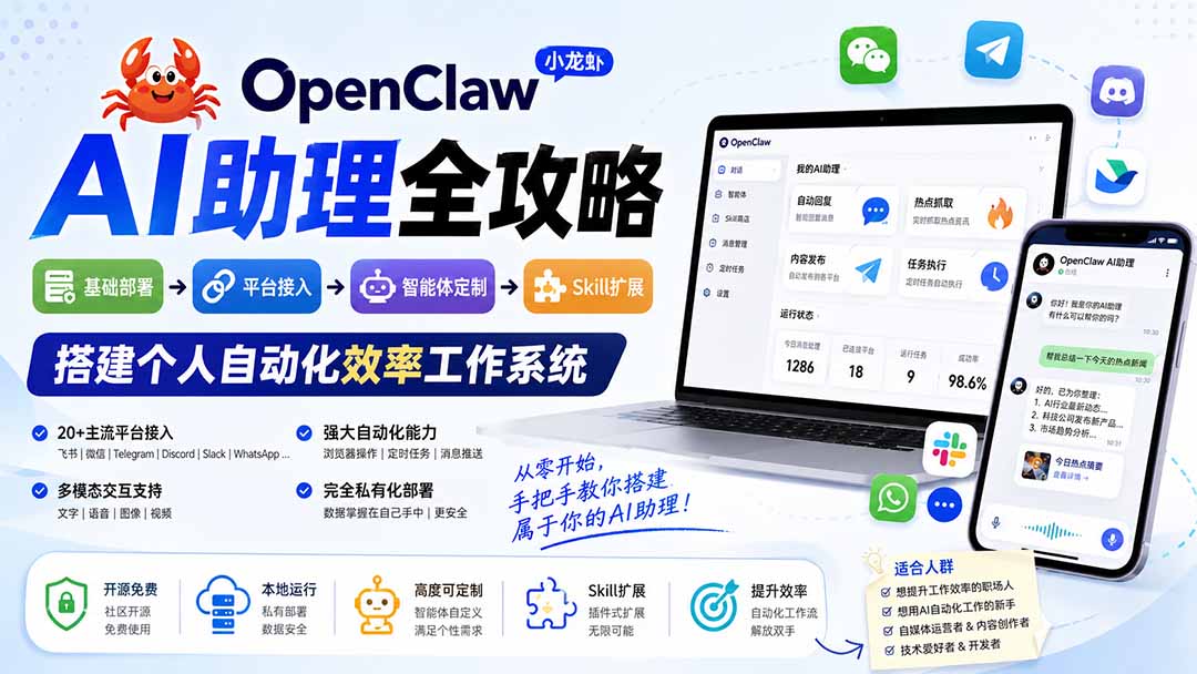 OpenClaw小龙虾 AI助理全攻略:基础部署→平台接入→智能体定制→Skill扩展,搭建个人自动化效率工作系统-鼎铸网
