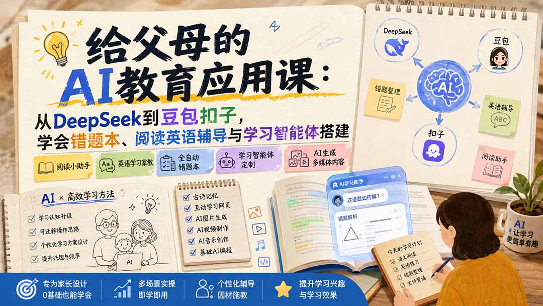 给父母的AI教育应用课：从DeepSeek到豆包扣子，学会错题本、阅读英语辅导与学习智能体搭建-鼎铸网