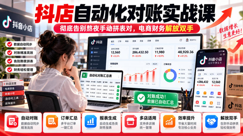 89c76717c16df583631c5749eca3f2dc.jpeg 抖店自动化对账实战课,彻底告别熬夜手动拼表对,账电商财务解放双手